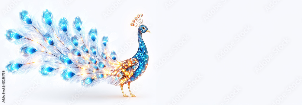 Fototapeta premium Banner of artistic depiction of a glowing peacock with blue, orange feathers, set against a light background. Concept of elegant, uniqueness, digital style, postcard