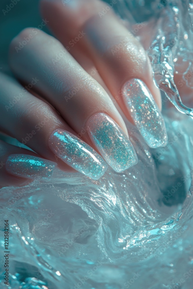 Fototapeta premium Elegant nails shimmer under ocean waves, reflecting light with m