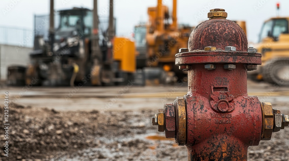 Detailed shot of fire hydrant connections, rugged and scratched, with machinery in background. Detailed shot of fire hydrant connections, rugged and scratched, with machinery in background.