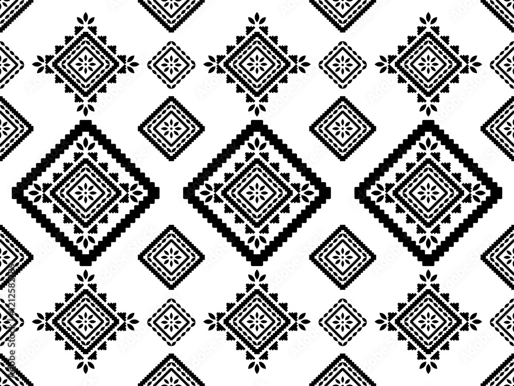Fototapeta premium Southwest Aztec geometric Native American Mexican Navajo tribal ethnic boho indian texture ornament seamless pattern fabric black and white design vector for woven textile printing blanket rug carpet