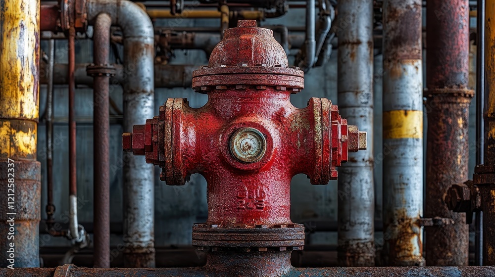 Close-up of fire hydrant connector, scratched and rusted, surrounded by factory pipes. Close-up of fire hydrant connector, scratched and rusted, surrounded by factory pipes.
