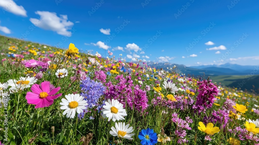 Colorful wildflowers bloom in mountain meadow, sunny day, landscape Colorful wildflowers bloom in mountain meadow, sunny day, landscape