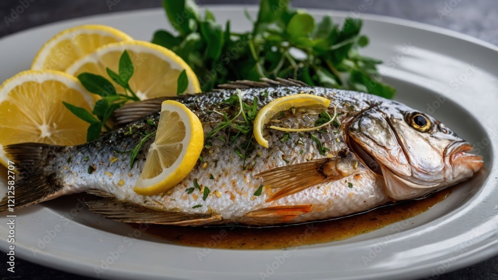 A beautifully plated whole fish garnished with lemon slices and herbs on a serving dish. A beautifully plated whole fish garnished with lemon slices and herbs on a serving dish.