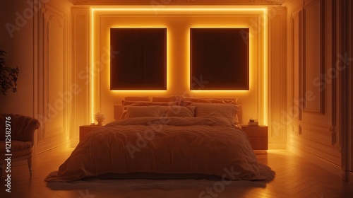 Luxurious Bedroom Interior Design with Warm LED Lighting and Elegant Headboard