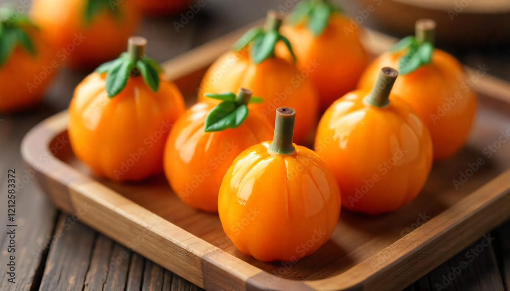 Delicious Orange Pumpkin Shaped Jellies on Wooden Tray Autumn Dessert Delicious Orange Pumpkin Shaped Jellies on Wooden Tray Autumn Dessert