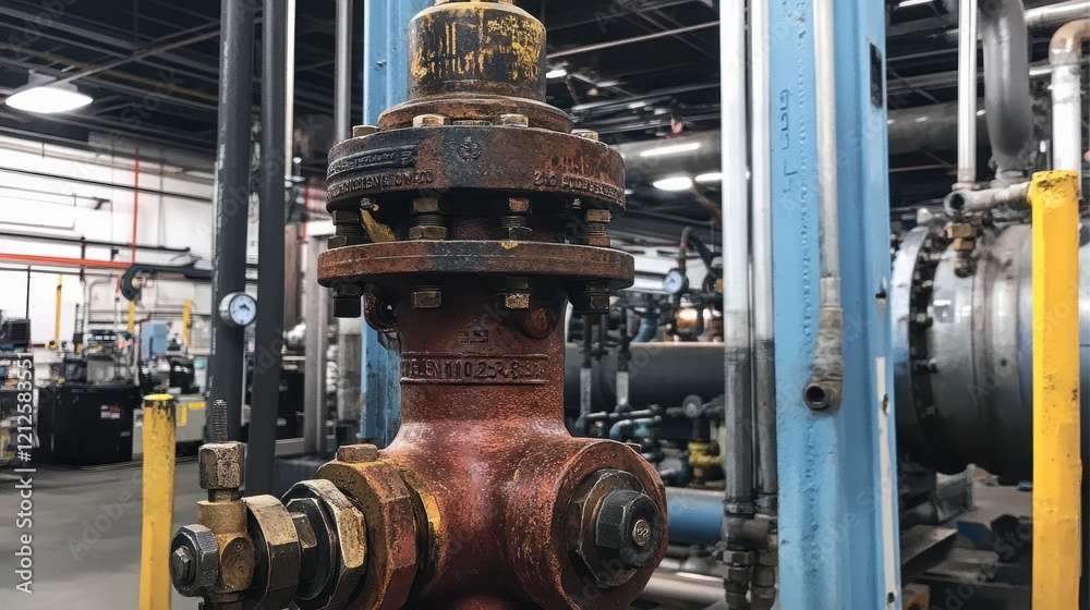 Industrial fire hydrant with rugged fittings, surrounded by pipes and machinery. Industrial fire hydrant with rugged fittings, surrounded by pipes and machinery.