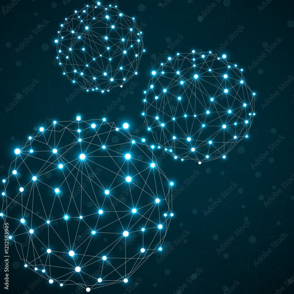 Fototapeta premium Abstract wireframe mesh spheres with glowing dot and lines, network connections. Polygonal geometric element