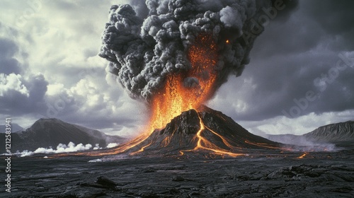 A dramatic shot of a volcano erupting, with lava flowing down its sides and ash clouds billowing into the sky, capturing the raw power of nature.