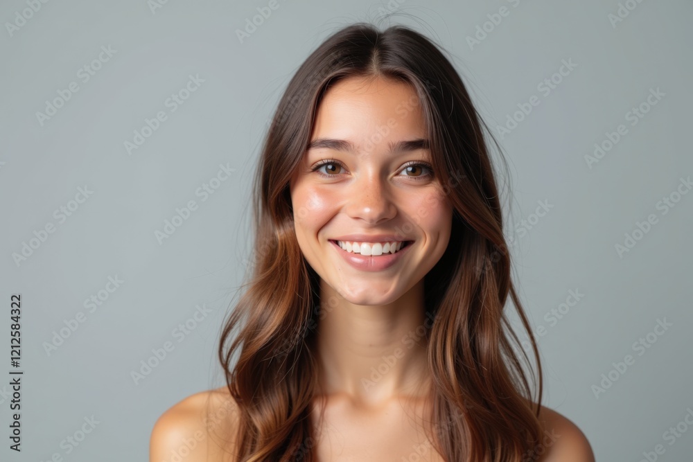 Radiant Young Woman With Long Hair and Bright Smile, Natural Beauty Portrait, Isolated on Soft Gray Background for Wellness and Health Concepts Radiant Young Woman With Long Hair and Bright Smile, Natural Beauty Portrait, Isolated on Soft Gray Background for Wellness and Health Concepts