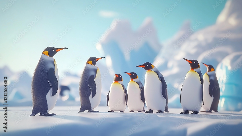 Fototapeta premium A penguin group meeting at a beautiful location with ice hills.
