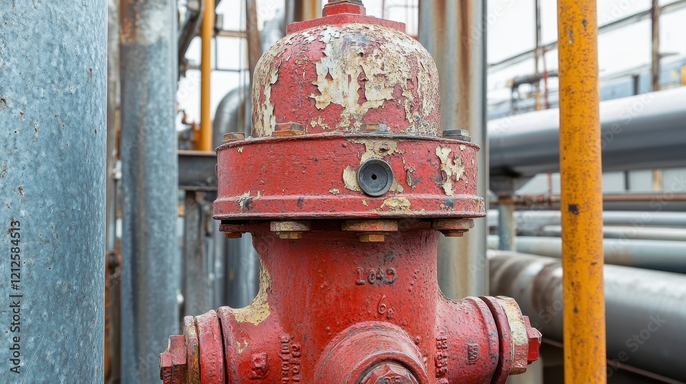 Red fire hydrant with faded paint, steel pipes nearby, in industrial setting. Red fire hydrant with faded paint, steel pipes nearby, in industrial setting.