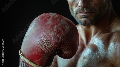 A close-up view of a person wearing a boxing glove, ideal for use in sports-themed or action-packed designs