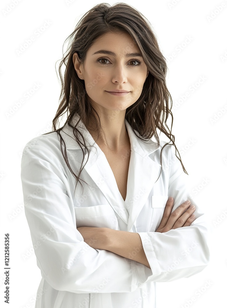 Portrait of a beautiful female doctor standing with her arms crossed, isolated on a white background. Portrait of a beautiful female doctor standing with her arms crossed, isolated on a white background.