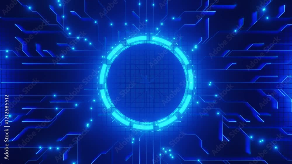 Blue glowing neon circuit lines and grid on a dark background with a circular HUD element. Futuristic digital technology, engineering, and computer network concept.