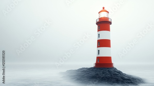 Lighthouse with red and white stripes standing in thick fog photo