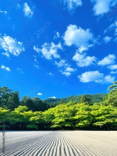 A serene landscape showcasing a blue sky with clouds  lush green trees  and patterned sand  evoking tranquility and harmony in nature.