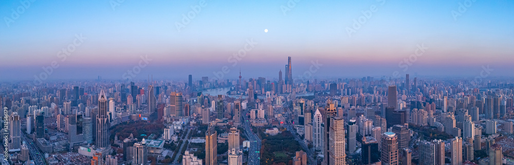 Fototapeta premium Aerial view of Shanghai Skyscraper at sunset in autumn