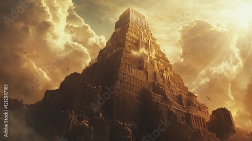 A cinematic depiction of the Tower of Babel, with its towering structure and intricate architecture, set against an ancient city backdrop under a bright sky. photo