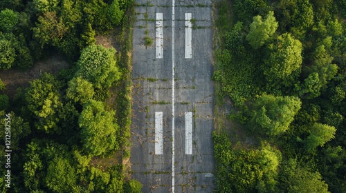 Munich, Germany / Bavaria - August 13, 2020: The decaying remnants of Riem Airport's runway, Munich's old international airport, blend with the surrounding nature. Aerial view of a public park. photo