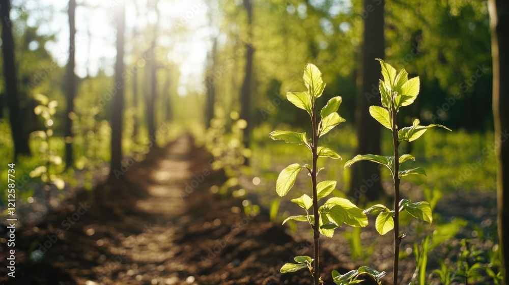 A dirt path surrounded by green plants in a forest setting A dirt path surrounded by green plants in a forest setting