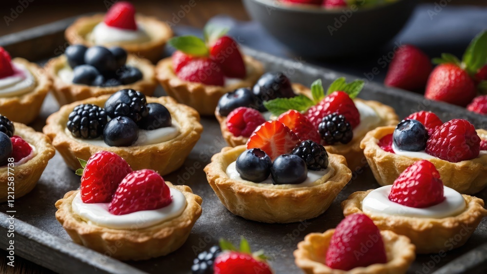 A tray of mini fruit tarts topped with fresh berries and cream.