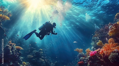 Wallpaper Mural A diver in the deep sea, surrounded by coral reefs and sunbeams filtering through the water's surface Torontodigital.ca