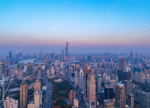 Aerial view of Shanghai Skyscraper at sunset in autumn