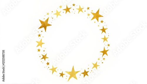 A circular arrangement of golden stars on a white background.