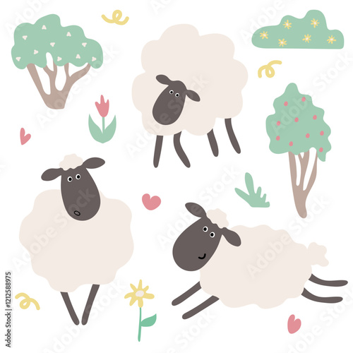 Cute Cartoon Sheep in Pastoral Setting with Trees and Flowers