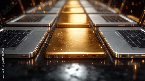 Laptops arranged in rows with golden reflections on the surface photo