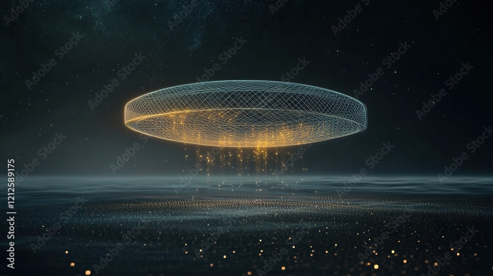 A floating circular mesh grid exuding delicate vapor trails A floating circular mesh grid exuding delicate vapor trails