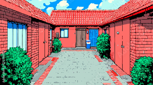 Charming pixel art illustration of a serene residential courtyard with red brick buildings, green bushes, and a tiled pathway under a blue sky