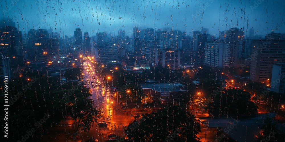 Obraz premium A rainy cityscape at dusk seen through a window, evoking cinematic melancholy. Great for urban storytelling, emotional visuals, and drama-themed projects.