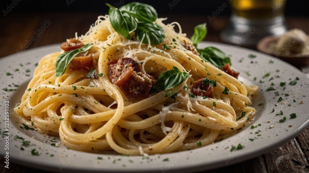 A plate of spaghetti topped with herbs and cheese, showcasing a delicious meal. A plate of spaghetti topped with herbs and cheese, showcasing a delicious meal.