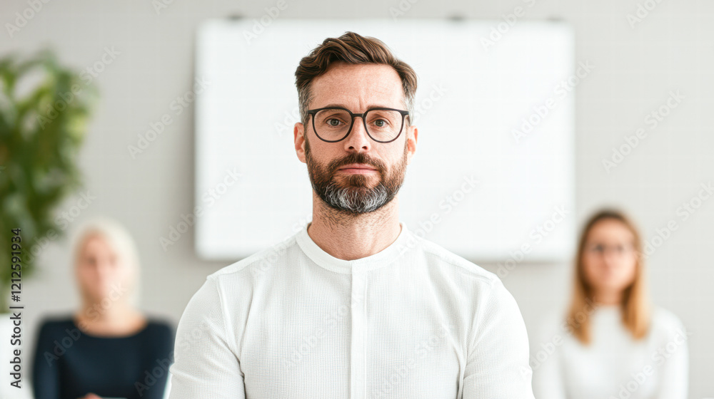 Fototapeta premium Professional man engaged in meeting modern office corporate setting focused perspective