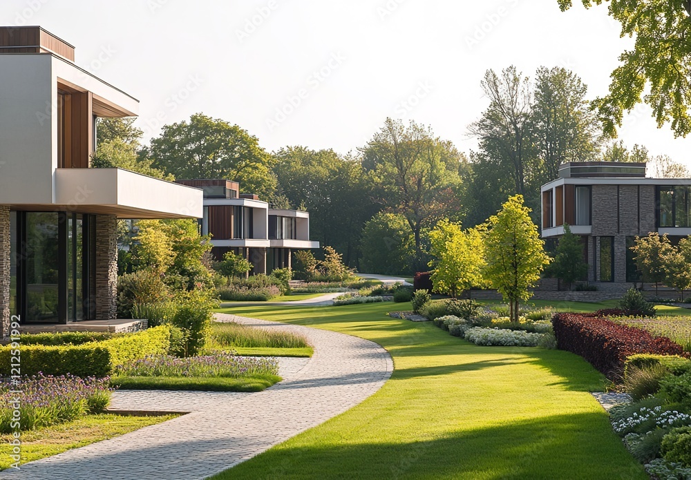 Obraz premium A photograph of modern, beautiful, and welcoming country houses with large lawns near the highway in Poland