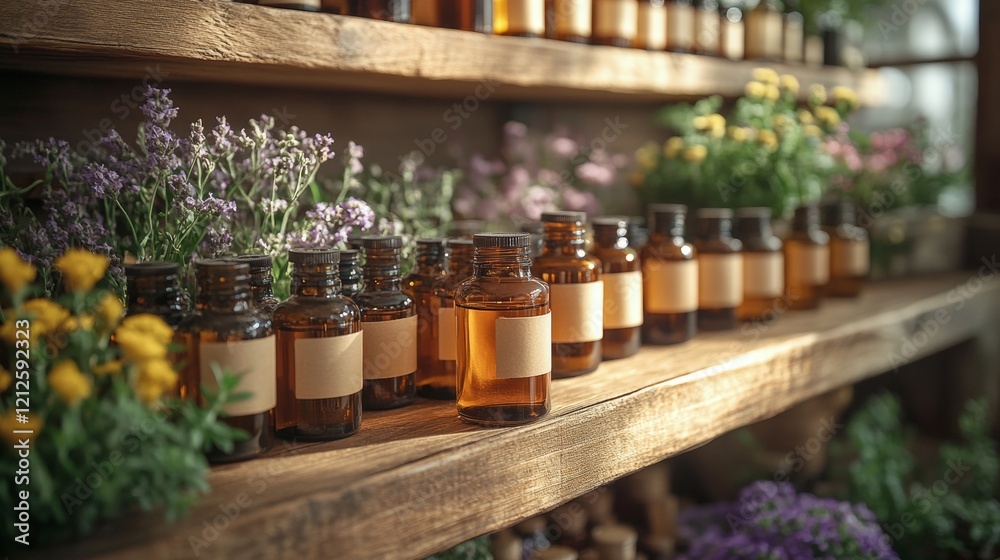 Natural essential oils on a rustic wooden shelf Natural essential oils on a rustic wooden shelf