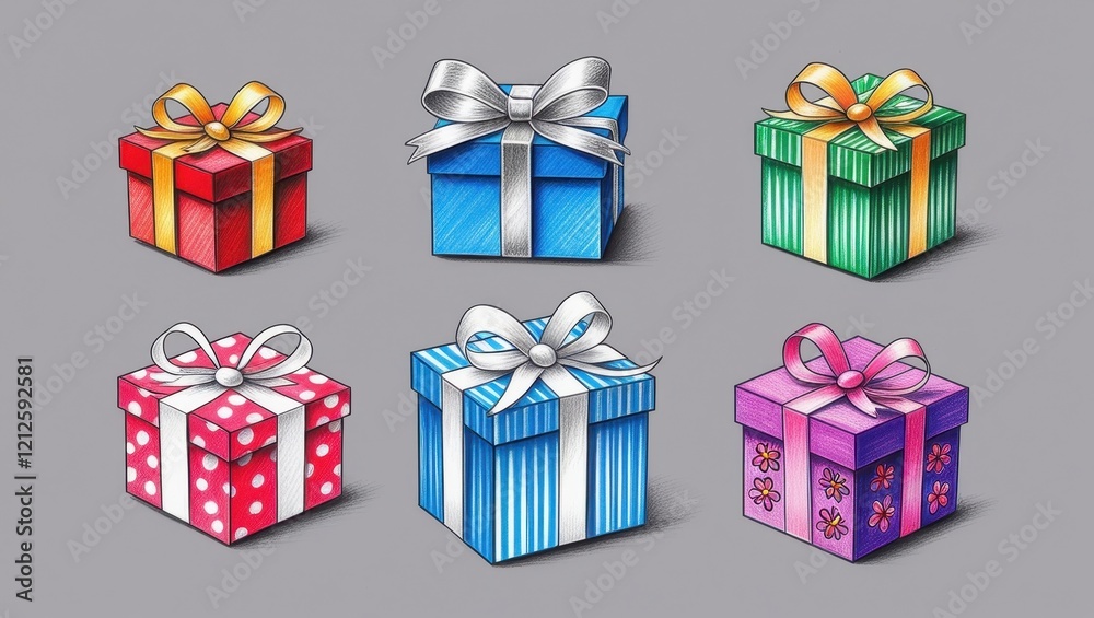 Fototapeta premium Colorful Hand Drawn Gift Boxes with Bows Presents Holiday Illustration