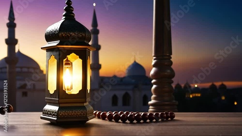 Cinematic Muslim lamp and tasbih on table against night sky mosque background