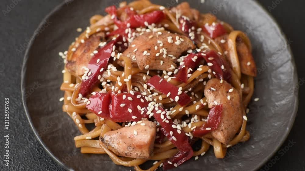 Delicious Asian food udon with noodles, chicken, hot pepper, vegetables, salt and spices
