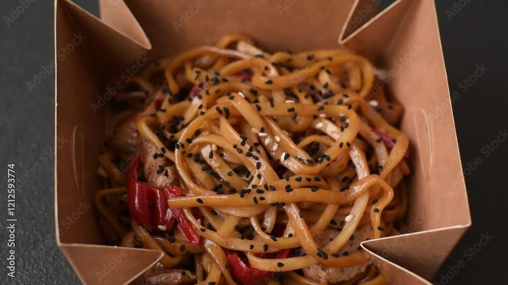 Delicious Asian food udon with noodles, chicken, hot pepper, vegetables, salt and spices