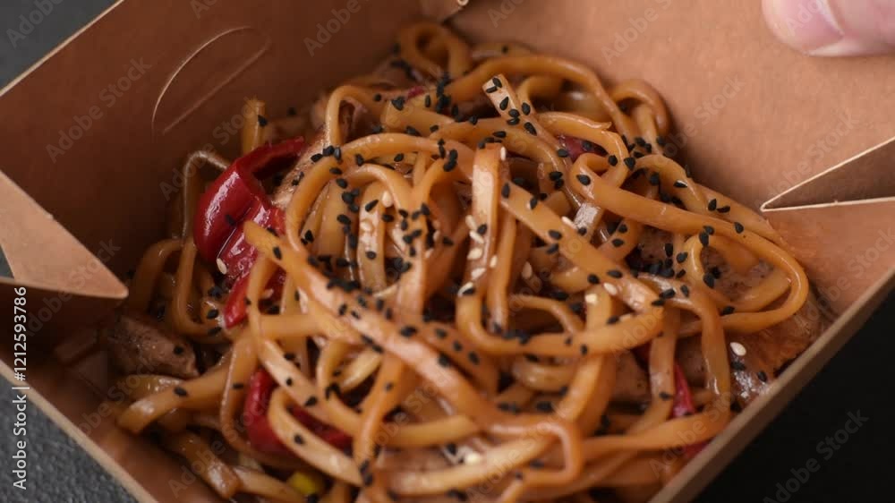 Delicious Asian food udon with noodles, chicken, hot pepper, vegetables, salt and spices