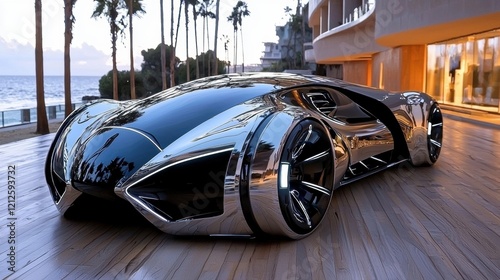 A futuristic metallic car with sleek, angular shapes photo