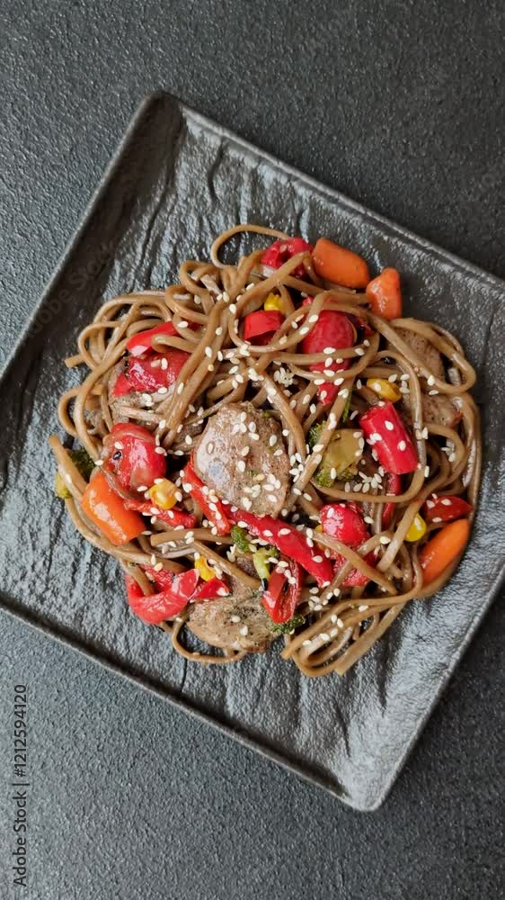 Delicious spicy Asian food soba with buckwheat noodles, beef, vegetables, salt and spices Delicious spicy Asian food soba with buckwheat noodles, beef, vegetables, salt and spices