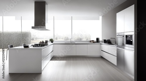 Wallpaper Mural A minimalist kitchen with clean lines, white cabinetry, and stainless steel appliances, showcasing an organized and clutter-free space perfect for cooking and entertaining. Torontodigital.ca