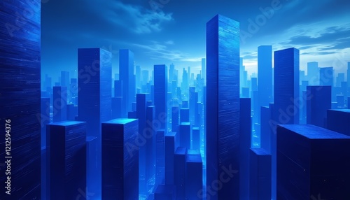 A futuristic cityscape of tall  blue skyscrapers under a dramatic sky.