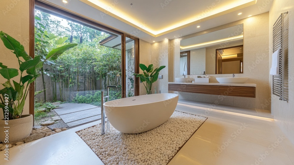 Fototapeta premium A modern bathroom with a minimalist design, showcasing a freestanding bathtub, sleek fixtures, and natural stone accents, creating a spa-like ambiance.