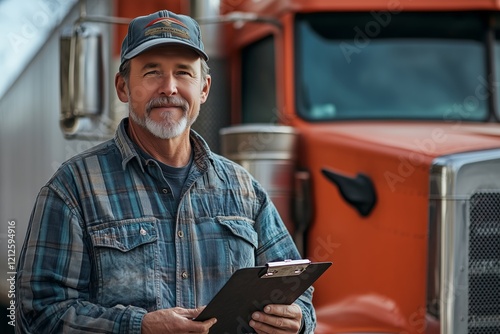 A truck driver with a plaid shirt and cap stands beside a large freight truck. He holds a clipboard, suggesting readiness for an inspection or delivery. The day appears clear and bright