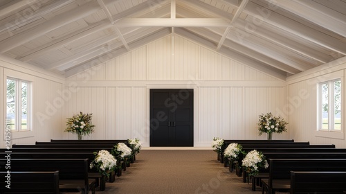 A beautifully minimalist wedding chapel interior featuring white wooden walls, dark benches, and elegant floral arrangements, creating a serene and timeless ambiance photo