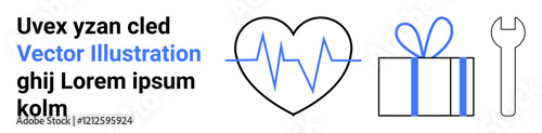 Heart outline with heartbeat line, gift box with ribbon, and wrench. Ideal for health, medical, gifts, celebration, tools maintenance DIY themes. Landing page